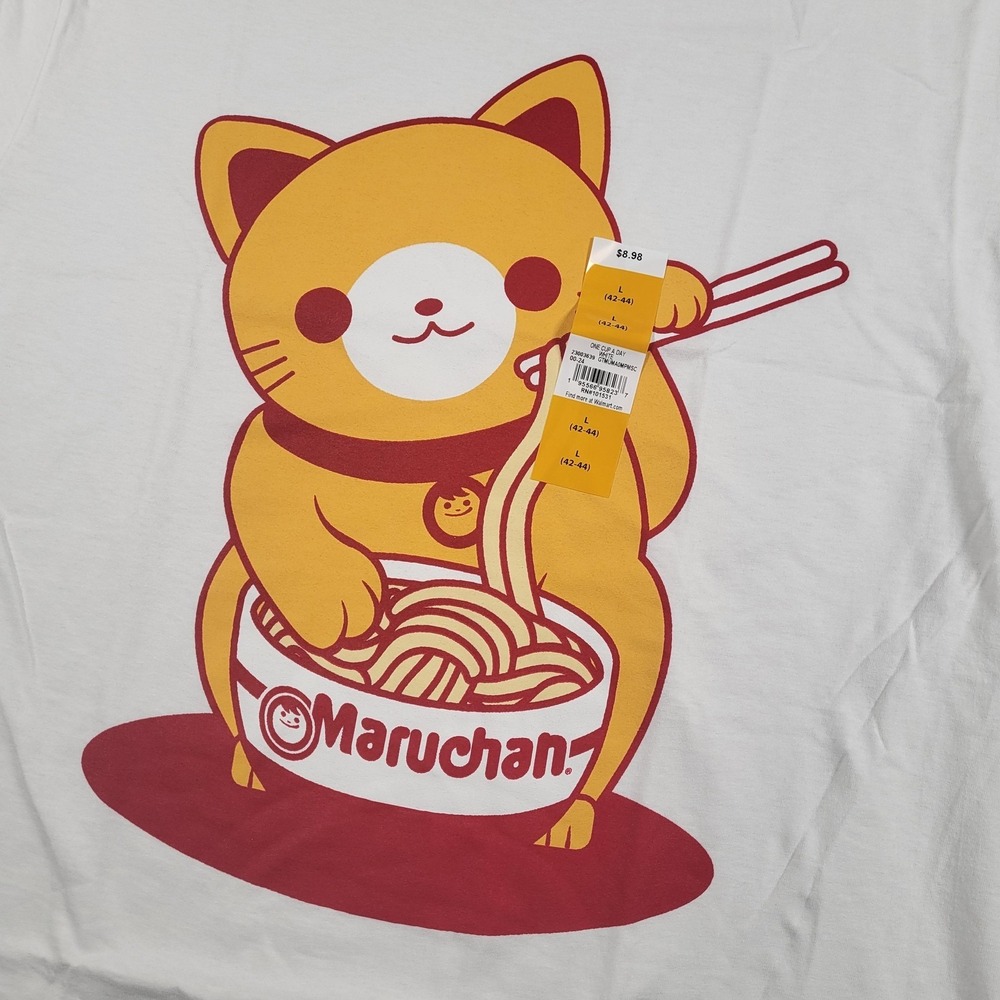 Maruchan T-Shirt Men L White Ramen Cat Graphic Crew Neck Tagless 100% Cotton Tee